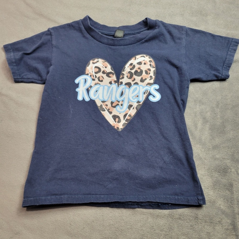 Youth XS Gildan Navy T-Shirt With Leopard Heart & Rangers Text